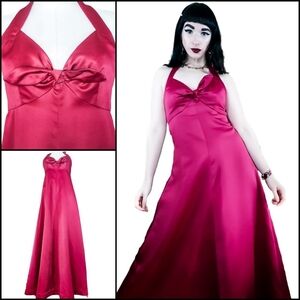 Vintage 1970s Halter Magenta Empire Waist Prom Disco Maxi Dress